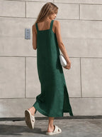 Effortless Linen Square Neck Midi Dress With Side Slit