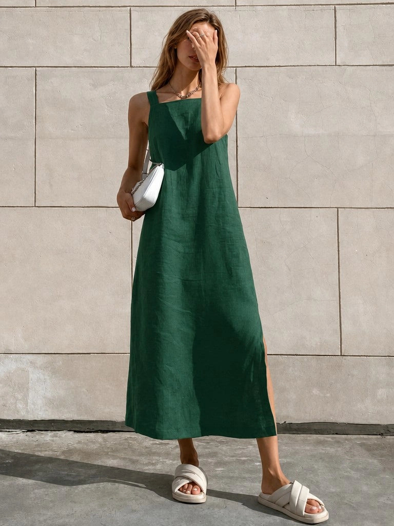 Effortless Linen Square Neck Midi Dress With Side Slit