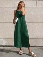 Effortless Linen Square Neck Midi Dress With Side Slit