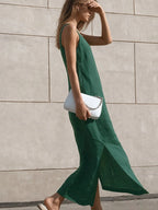 Effortless Linen Square Neck Midi Dress With Side Slit
