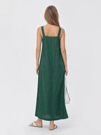 Effortless Linen Square Neck Midi Dress With Side Slit