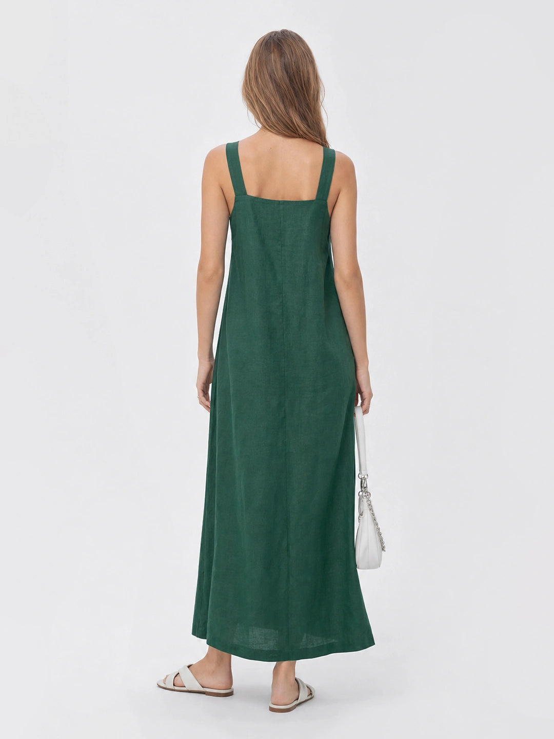 Effortless Linen Square Neck Midi Dress With Side Slit