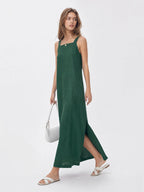 Effortless Linen Square Neck Midi Dress With Side Slit