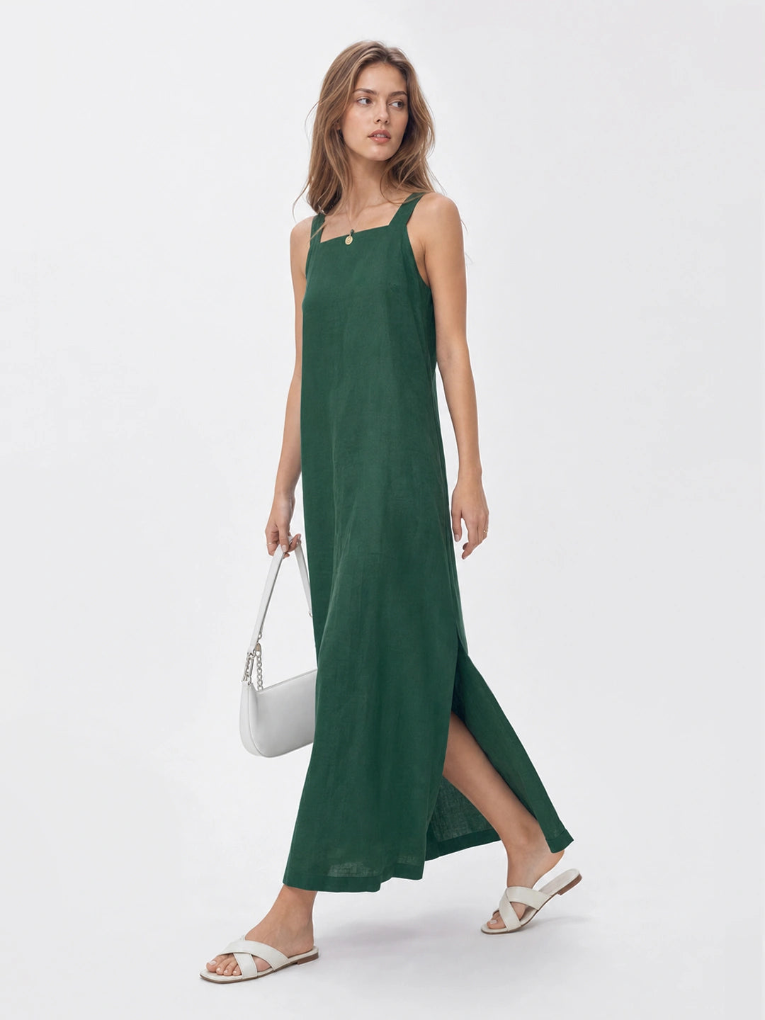 Effortless Linen Square Neck Midi Dress With Side Slit