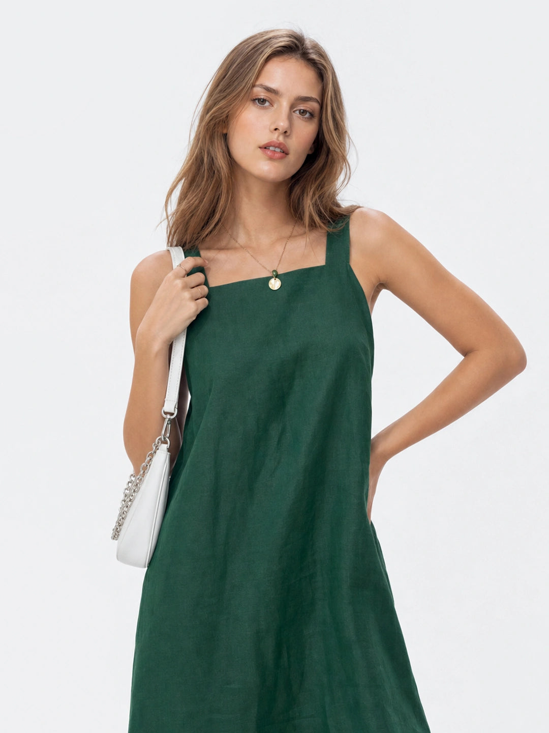 Effortless Linen Square Neck Midi Dress With Side Slit