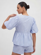 Cotton Puff Sleeve Tie Front Blouse