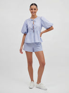 Cotton Puff Sleeve Tie Front Blouse