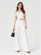 Eyelet Patchwork Cotton Wide-Leg Pants