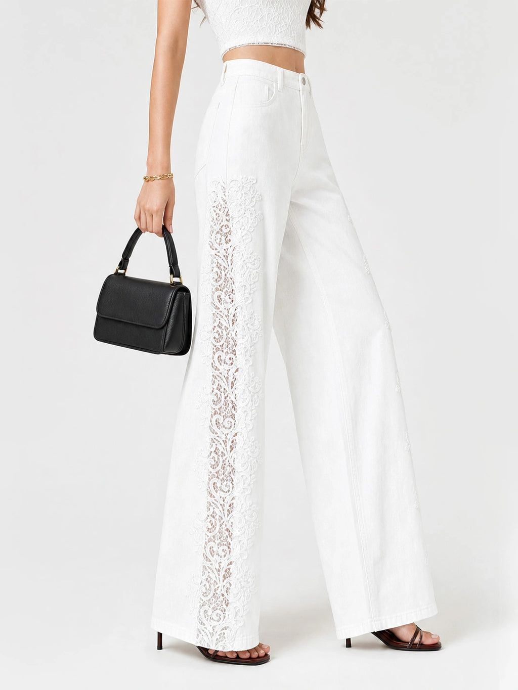 Eyelet Patchwork Cotton Wide-Leg Pants