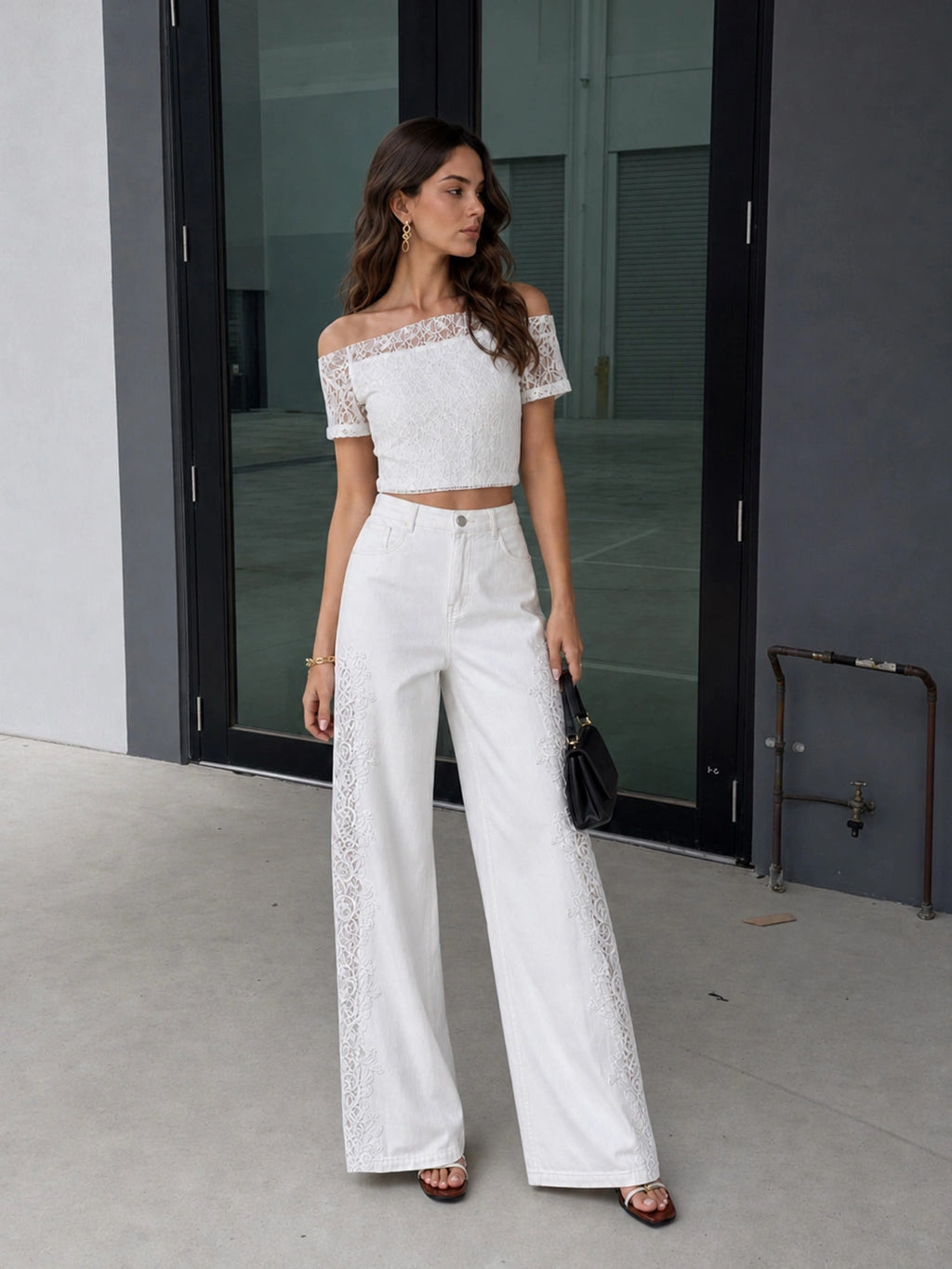 Eyelet Patchwork Cotton Wide-Leg Pants