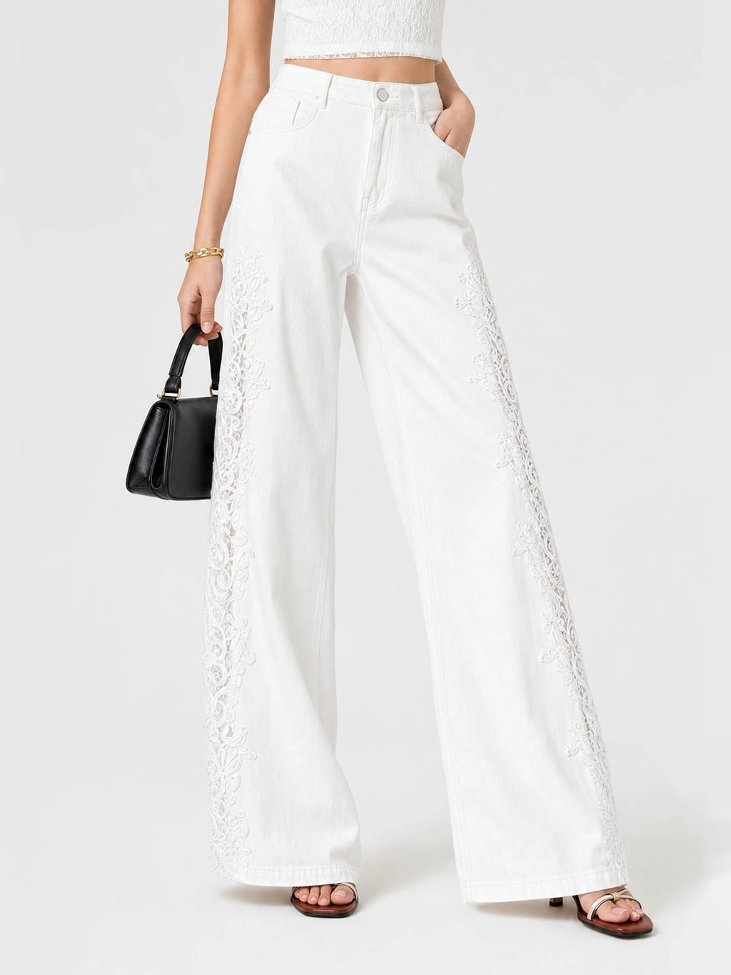 Eyelet Patchwork Cotton Wide-Leg Pants