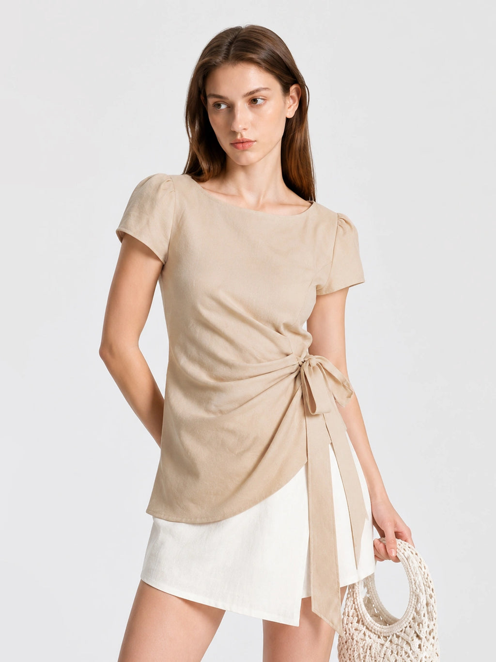 Elegant Lyocell Ruched Tie Waist Blouse