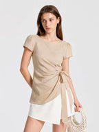 Elegant Lyocell Ruched Tie Waist Blouse
