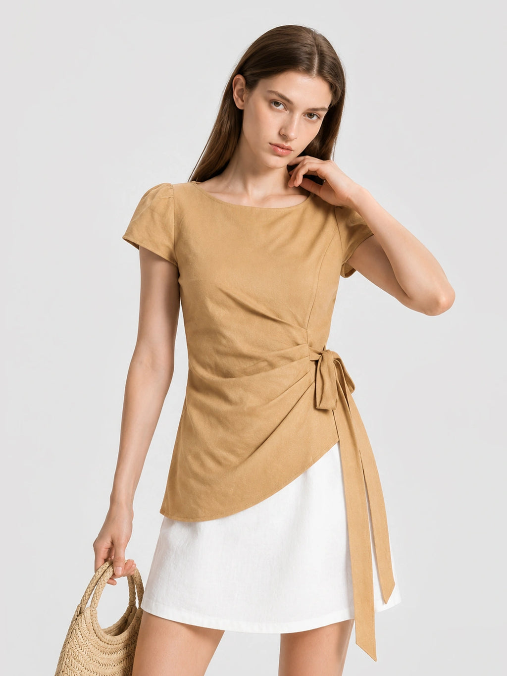 Elegant Lyocell Ruched Tie Waist Blouse