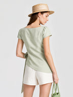 Elegant Lyocell Ruched Tie Waist Blouse
