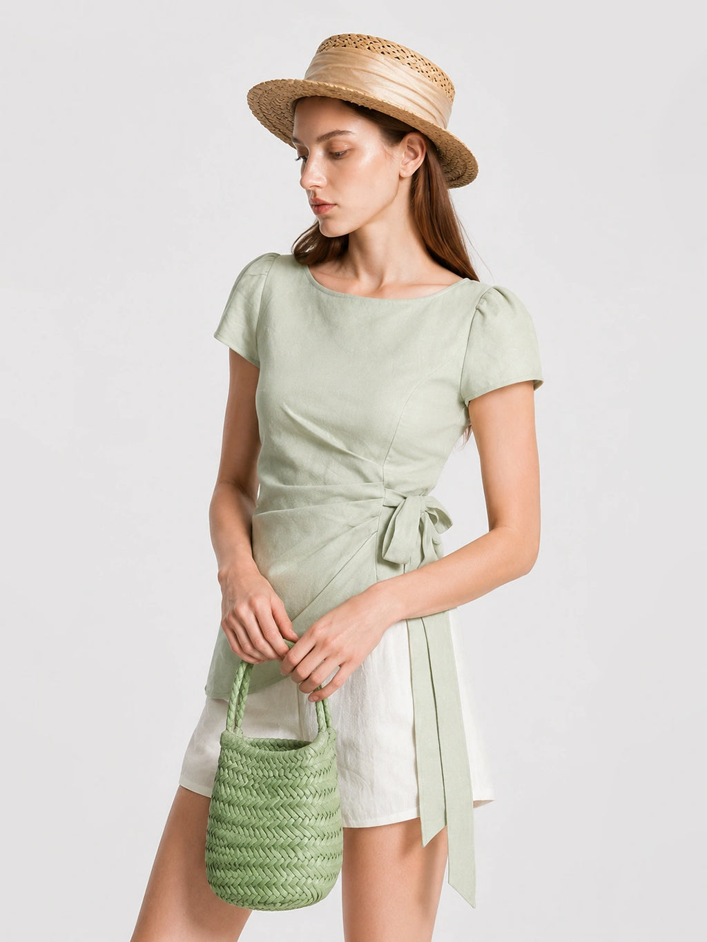 Elegant Lyocell Ruched Tie Waist Blouse