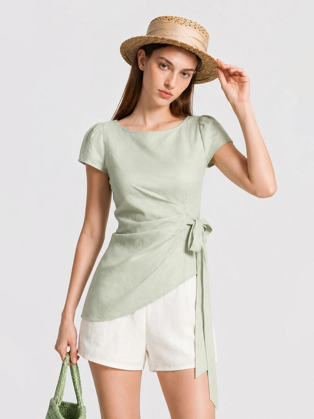 Elegant Lyocell Ruched Tie Waist Blouse