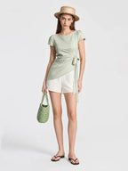 Elegant Lyocell Ruched Tie Waist Blouse