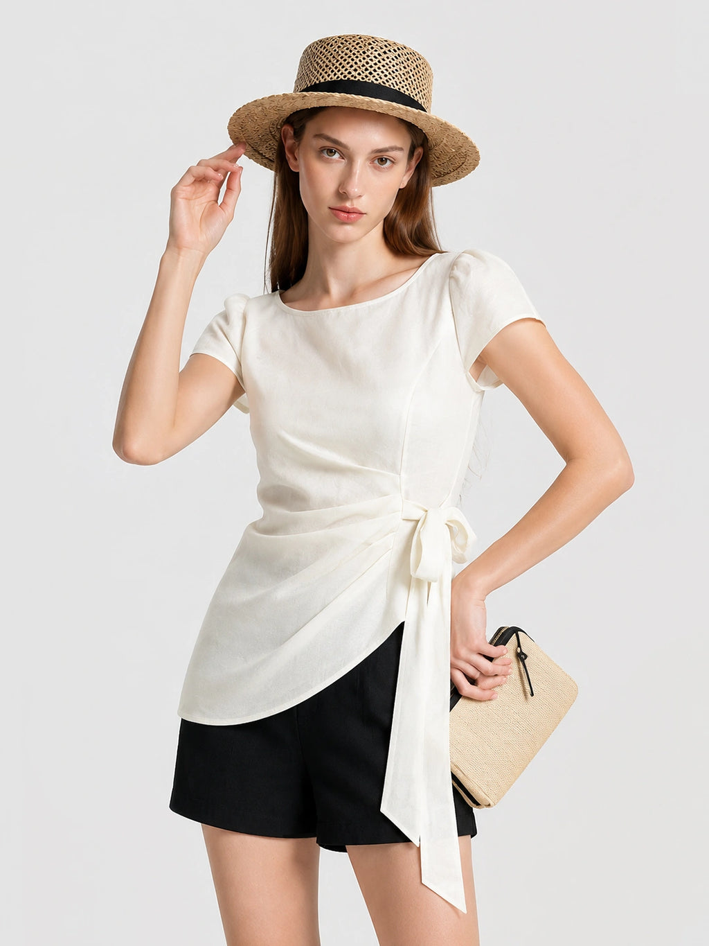 Elegant Lyocell Ruched Tie Waist Blouse