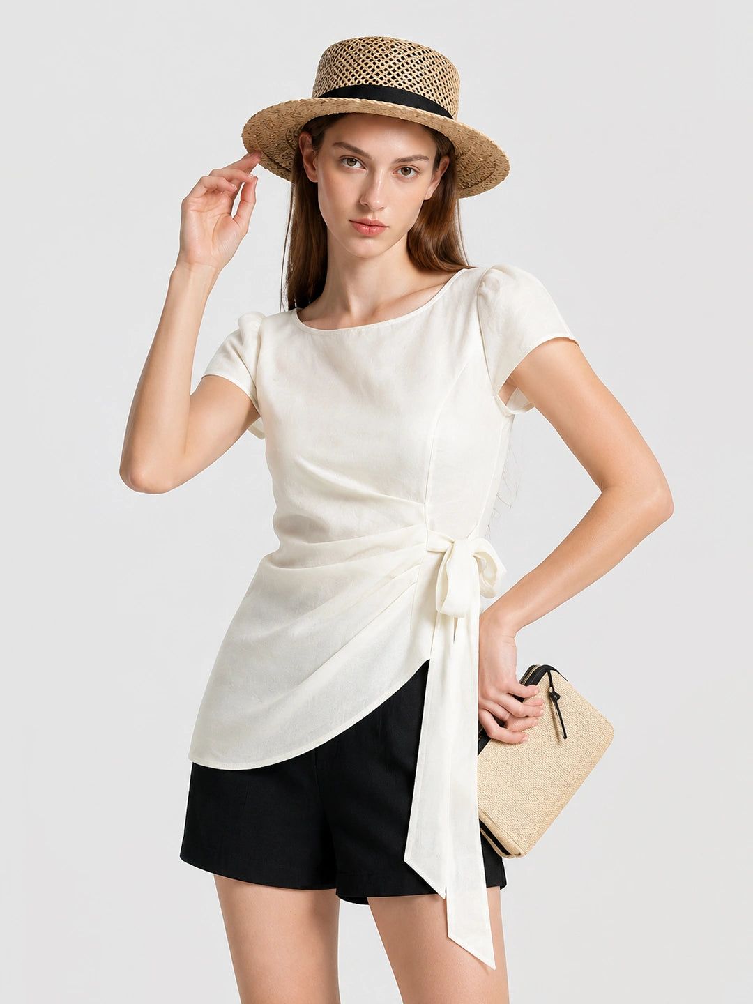 Elegant Lyocell Ruched Tie Waist Blouse
