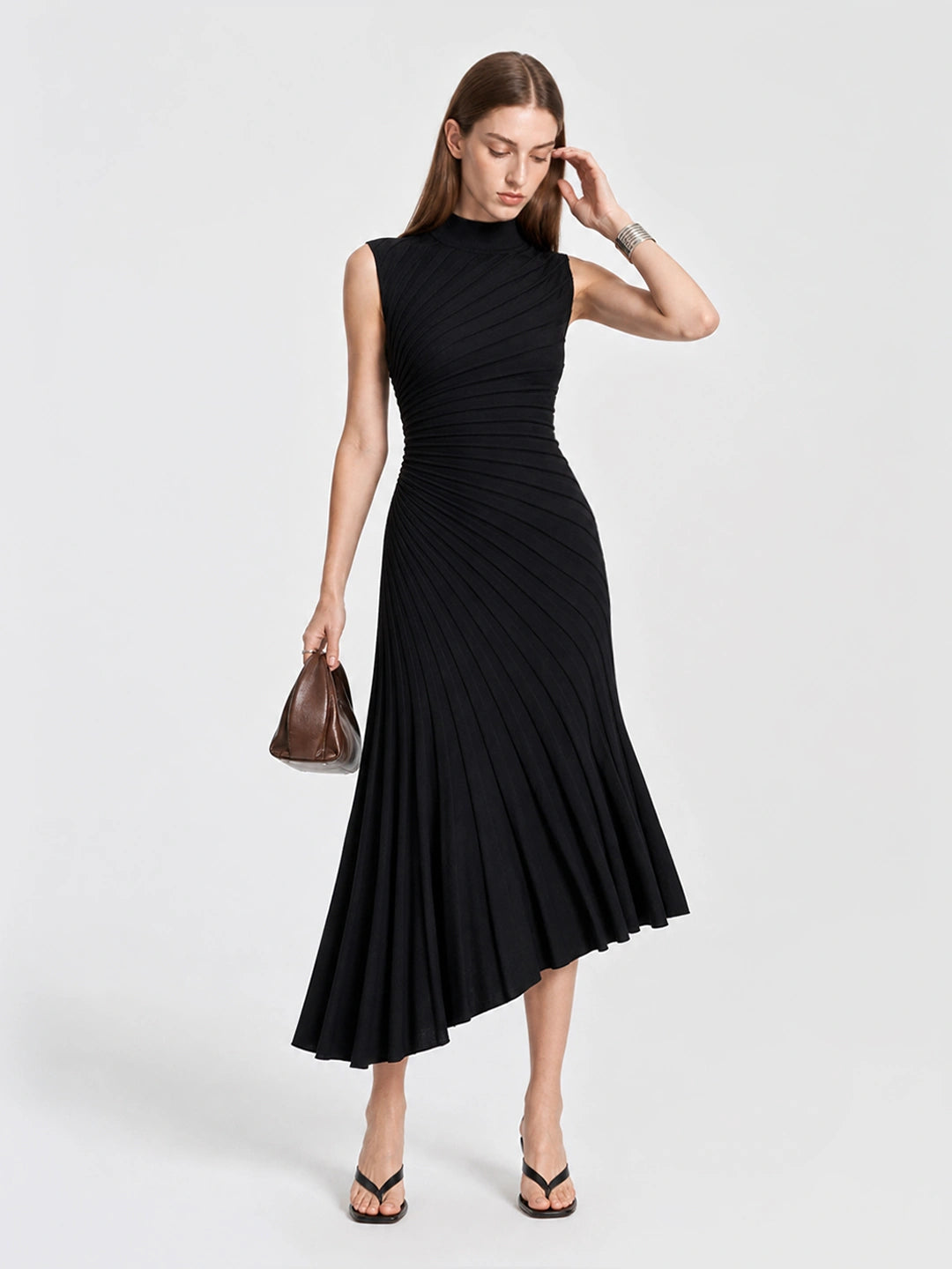 Elegant Mock Neck Ruched Wool Midi Dress