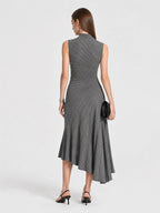 Elegant Mock Neck Ruched Wool Midi Dress