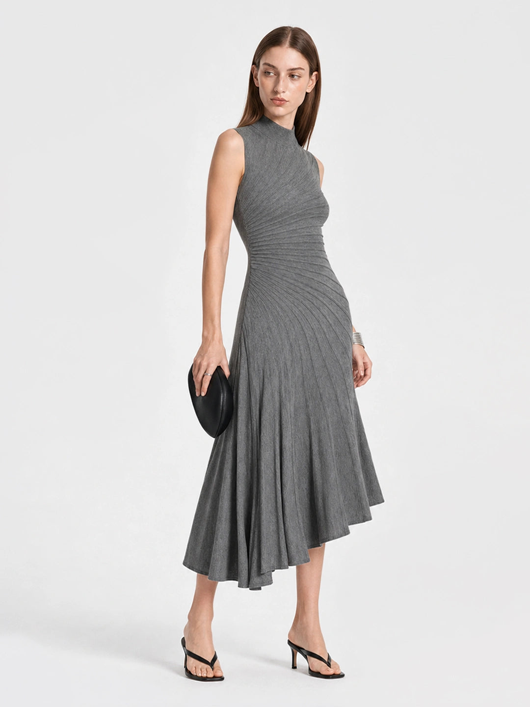 Elegant Mock Neck Ruched Wool Midi Dress