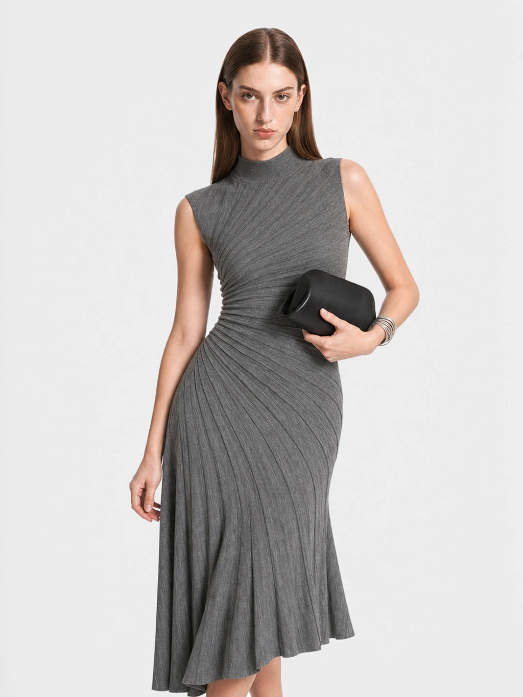 Elegant Mock Neck Ruched Wool Midi Dress