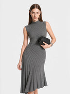 Elegant Mock Neck Ruched Wool Midi Dress