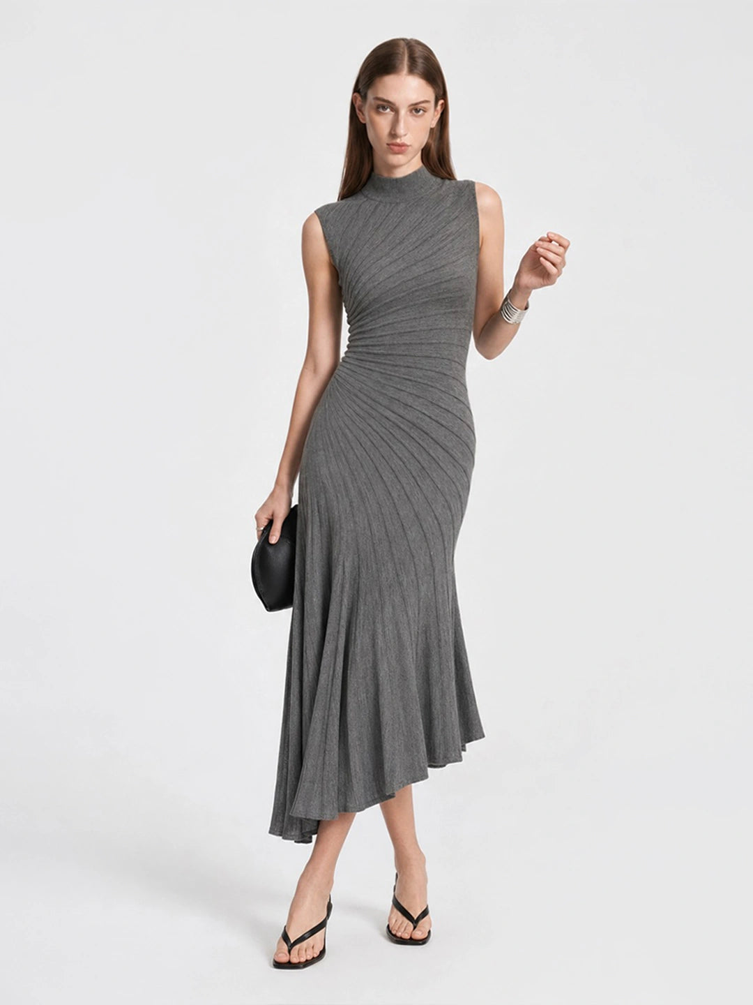 Elegant Mock Neck Ruched Wool Midi Dress Main image