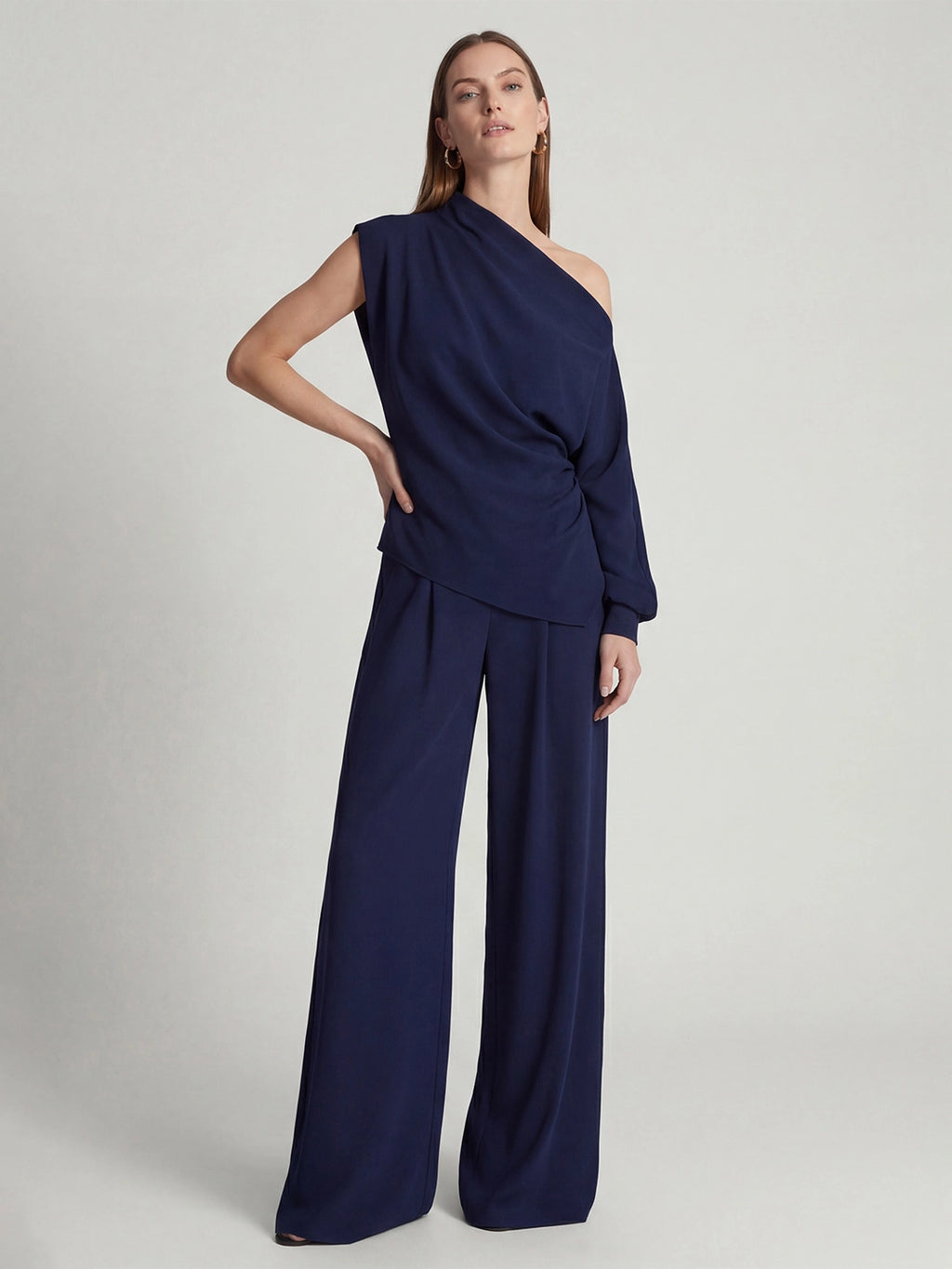 Elegant One Shoulder Draped Wide Leg Pant Set
