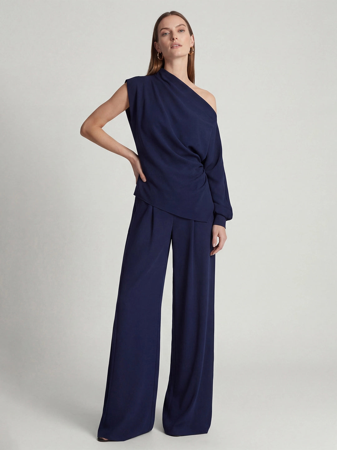 Elegant One Shoulder Draped Wide Leg Pant Set