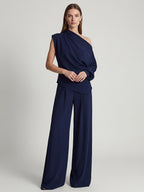 Elegant One Shoulder Draped Wide Leg Pant Set
