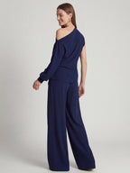Elegant One Shoulder Draped Wide Leg Pant Set