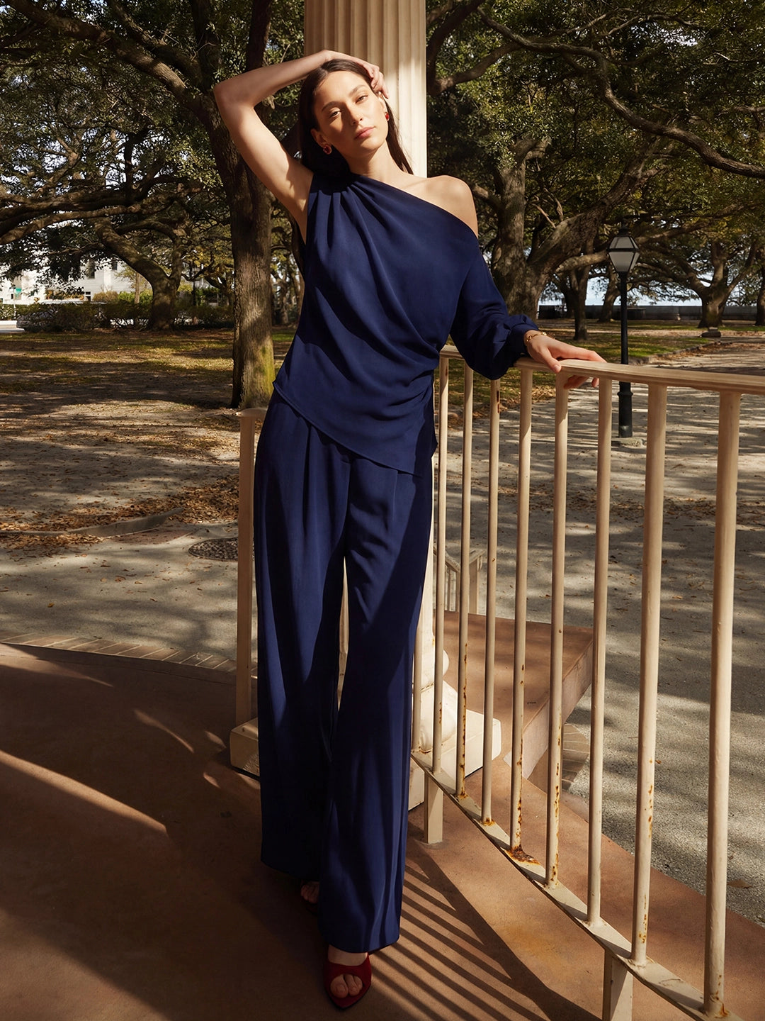 Elegant One Shoulder Draped Wide Leg Pant Set Main image