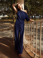 Elegant One Shoulder Draped Wide Leg Pant Set