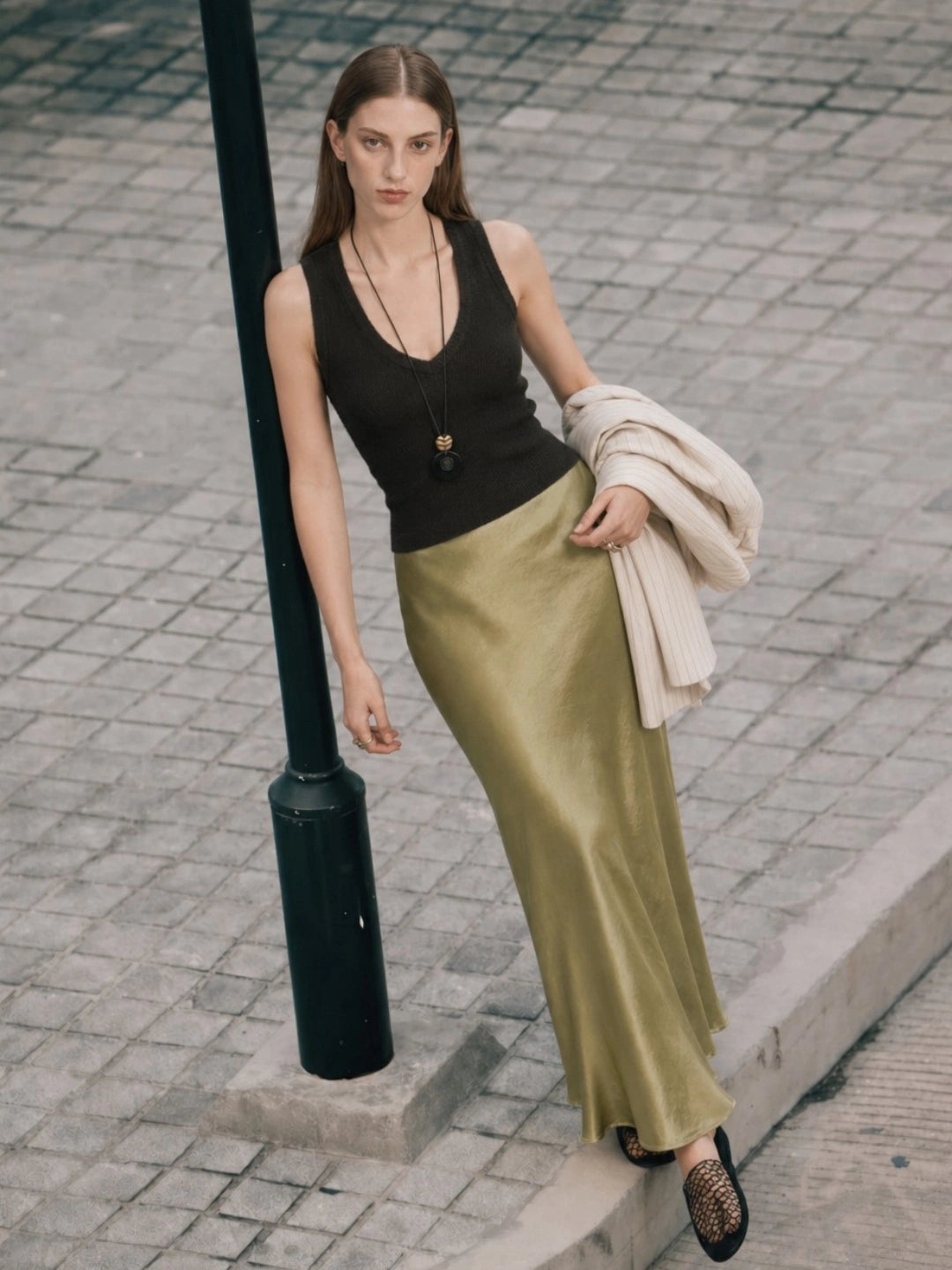 Elegant Satin Fluid Midi Skirt