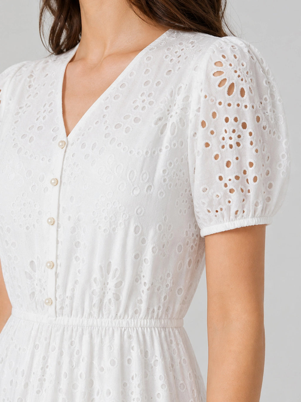 V-Neck Eyelet Puff Sleeve Cotton Midi Dress