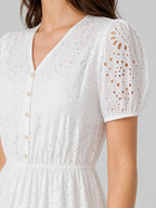 V-Neck Eyelet Puff Sleeve Cotton Midi Dress