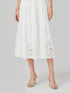 V-Neck Eyelet Puff Sleeve Cotton Midi Dress