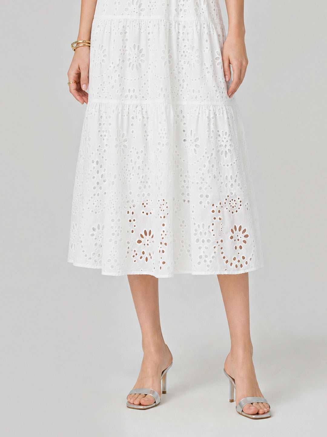 V-Neck Eyelet Puff Sleeve Cotton Midi Dress