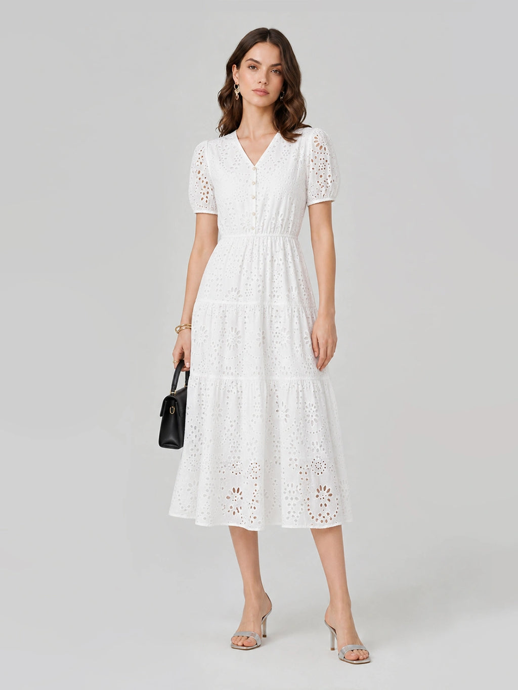 V-Neck Eyelet Puff Sleeve Cotton Midi Dress