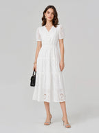 V-Neck Eyelet Puff Sleeve Cotton Midi Dress