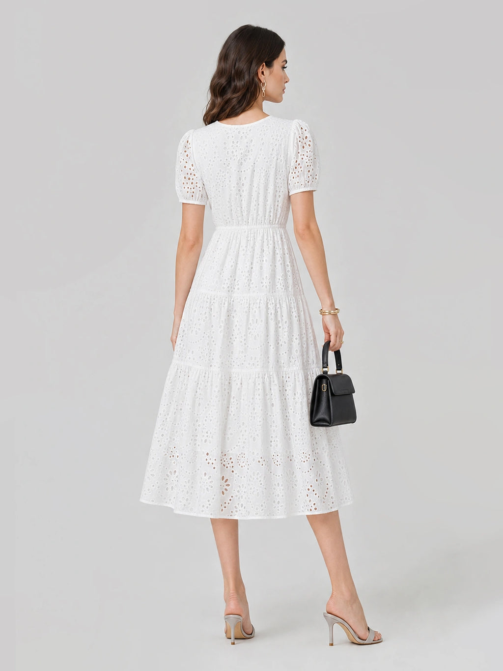 V-Neck Eyelet Puff Sleeve Cotton Midi Dress