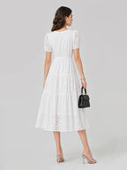 V-Neck Eyelet Puff Sleeve Cotton Midi Dress