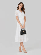 V-Neck Eyelet Puff Sleeve Cotton Midi Dress