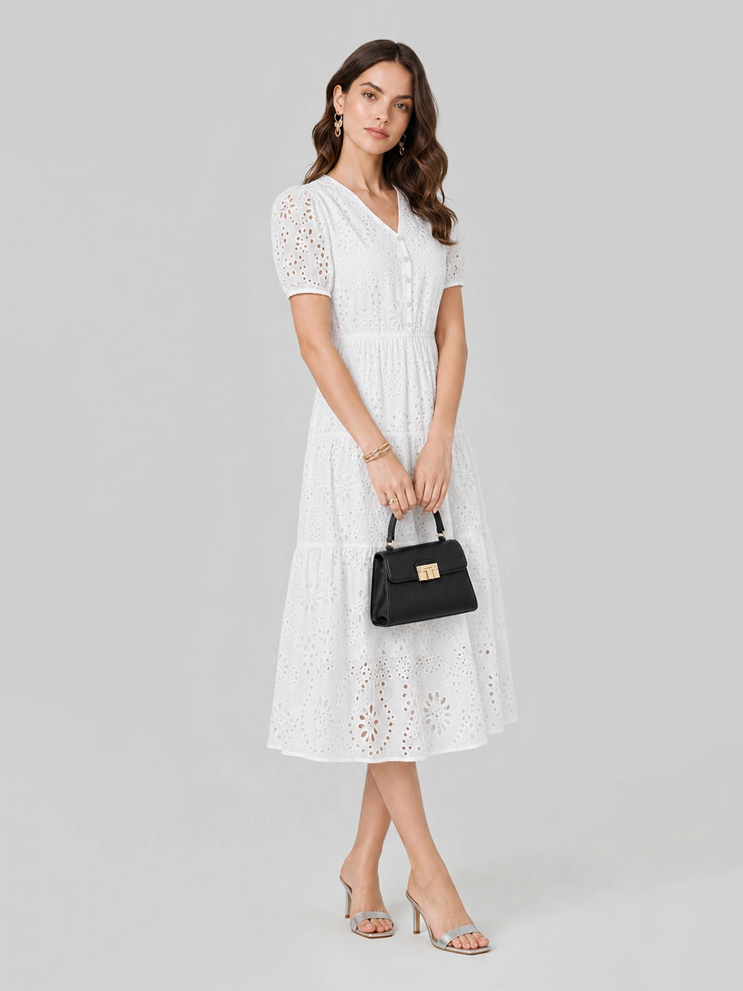 V-Neck Eyelet Puff Sleeve Cotton Midi Dress