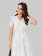 V-Neck Eyelet Puff Sleeve Cotton Midi Dress