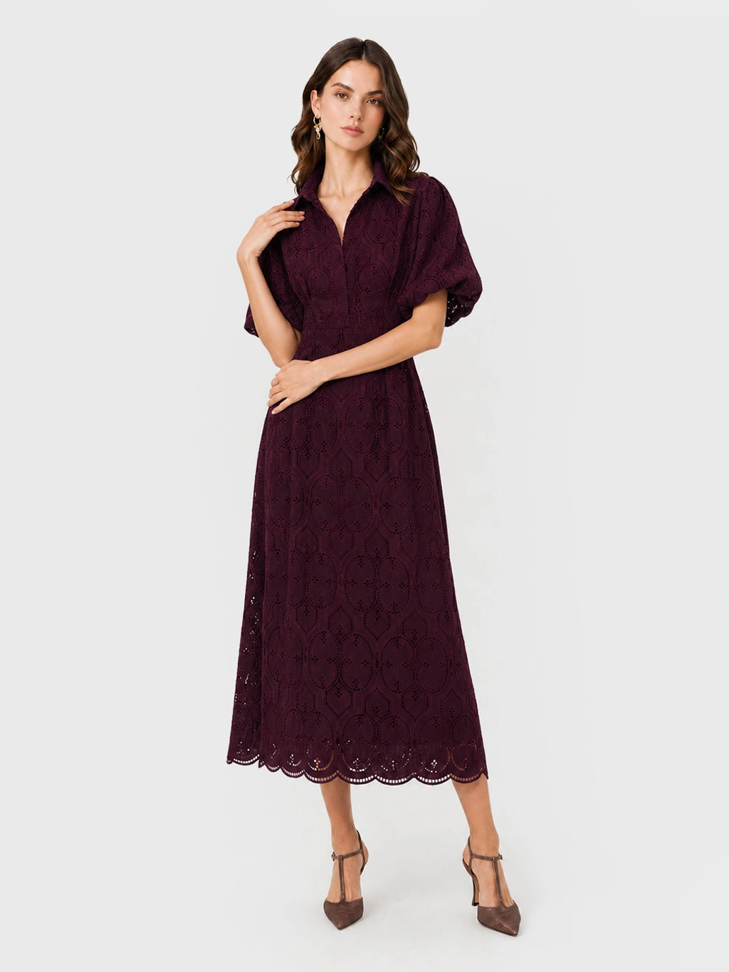 Embroidered puff sleeve long dress
