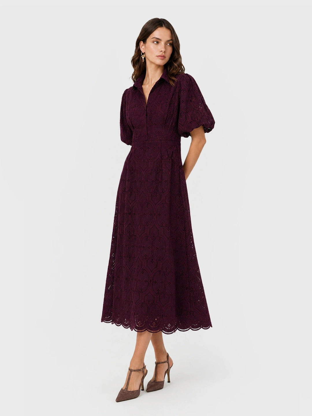 Embroidered puff sleeve long dress